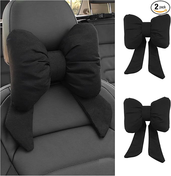 2PCS Cute Bow Car Headrest Pillow,Comfortable & Breathable Car Neck Pillows for Relief Neck Fatigue,Universal Head Rest Pillow for Cars Decoration as Birthday Gifts for Women,Girl (Black/2PCS)
