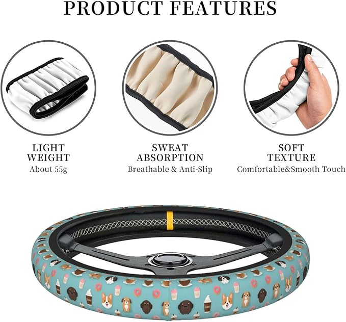 Cattle Dog Neoprene Steering Wheel Covers Women Men Car Accessories, Universal 15 Inch Fit Auto, Suvs, Truck
