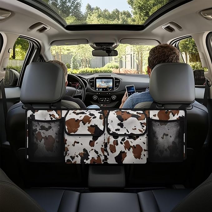 Car Trunk Organizer and Storage Backseat Hanging Organizer Brown Cow Print Car Accessories Oxford Cloth Washable Space-Saving Backseat Car Organizer for SUV/MPV/Truck/Sedan/Van