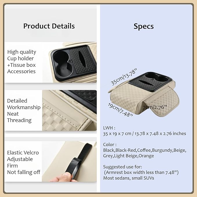 Car Center Console Armrest Pad, Arm Rest Box Cushion with Ergonomic Height Boost, Storage Pockets, Built-in Tissue Box, Cupholder, Fit for Most Sedan Vehicles (Embossing Checkerboard, Coffee)