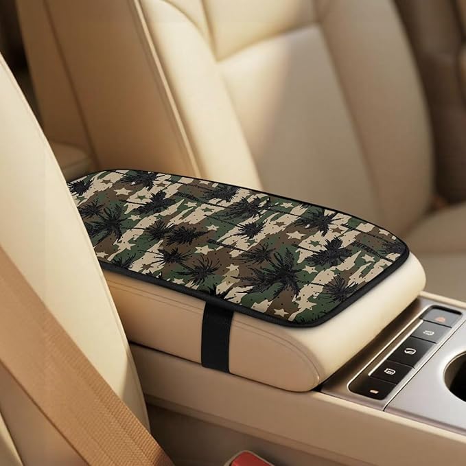 FUSURIRE Camouflage Coconut Tree Print Seat Covers for Cars Full Set 5-Pcs, PU Car Accessories Seat Belt Covers Pads + Vehicle Armrest Protector for Women Men Interior Accessories Decor