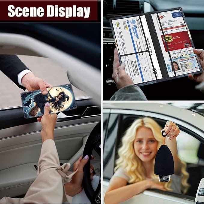 Car Registration Holder, PU Leather Vehicle Glove Box Organizer for Driver License, Document, Car Insurance Holder with Magnetic Shut, Auto Paperwork Wallet Case Accessories, Witch Under The Moon