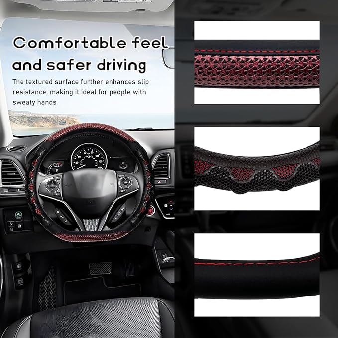Car Steering Wheel Cover, 15 Inches 3D Honeycomb Design Car Steering Wheel Protector with Comfy Grip, Breathable Anti-Slip D-Shaped Steering Wheel Sleeve for Most Vehicles (Red)