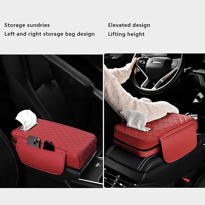 Car Arm Rest Cover Pad for Ford Maverick 2022 2023 2024, Leather Memory Foam Center Console Cushion with 2 Storage Bags and a Tissue Box Universal Car Interior Accessories,C/Black-Red