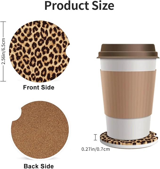 HUWAAI Leopard Print Car Cup Holder Coasters 2 Pack Universal 2.63 Inch Anti Slip Ceramic Absorbent Coaster with Cork Base and Finger Notch Cute Car Accessories Interior for Women