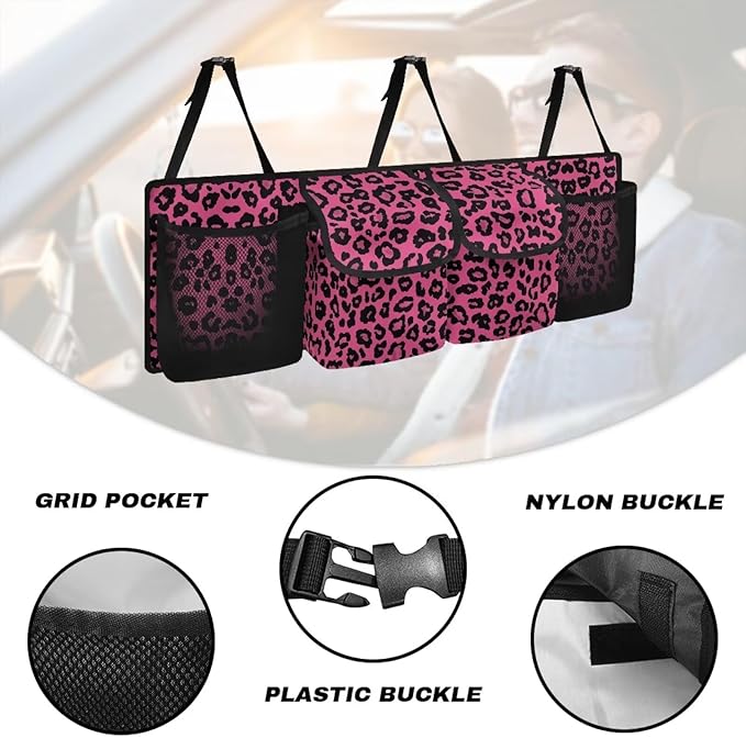 SEANATIVE Pink Leopard Car Trunk Organizer, Auto Waterproof Sturdy Backseat Hanging Large Storage Collapsible Cargo Bag with Anti-Slip Adjustable Strip Vehicle Interior Accessories