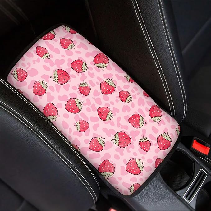 Pink Strawberry Car Center Console Armrest Cover for SUV Vehicles Cute Pink Armrest Box Cover Center Console Pad Universal Fit Strawberry Automotive Accessories