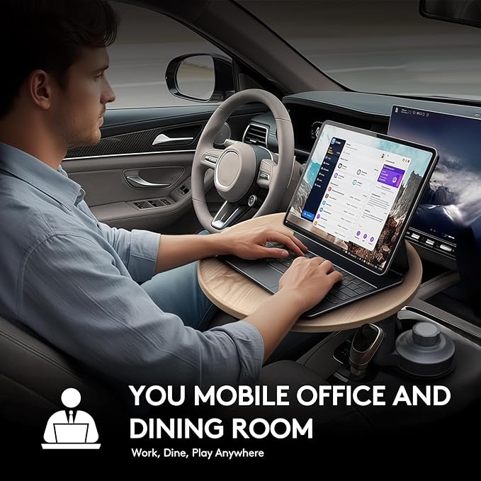 Ymipre Car Desk for Laptop & Car Table Tray, Height-Adjustable 360° Rotating Wood Car Laptop Mount, Cup Holder Table, Steering Wheel Tray, Compatible with Tesla & Most Vehicles