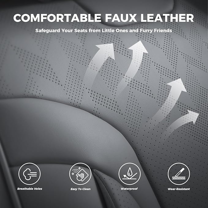 FEINEPRO Grey Car Seat Covers Full Set - Breathable Faux Leather Universal 5 Seat Covers for Cars, Automotive Protector Fit for Most Sedan SUV Pick-up Truck