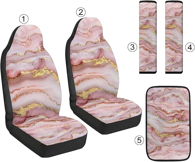Qeluxign Automotive Seat Covers 5 Piece Universal Fit Pink Gold Marble Car Accessories with Soft 2 Pack Seat Belt Cover Pads and Center Console Armrest Covers for SUV Truck Interior Set