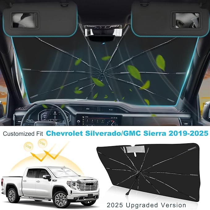 2025 Upgrade Windshield Sun Shade Umbrella Custom Fit for Chevrolet Silverado/GMC Sierra 2019-2025 Foldable UV Protection Car Cover, Emergency Rain Shield & Dashboard Protector-Durable Auto Accessory