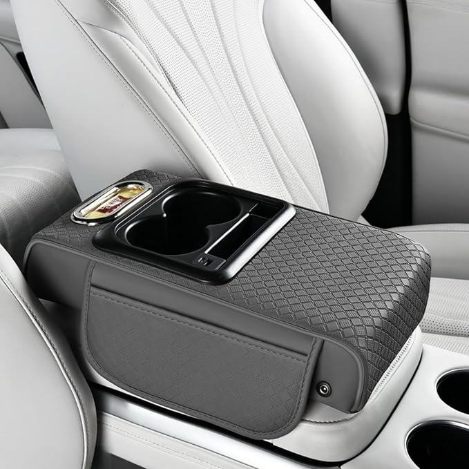 2026 Enhanced Car Center Console Armrest Cushion with USB& Type-C Charging, PU Leather Console Pad with Cup Holders, Storage& Tissue Outlet for Most Vehicles (Flat Version, Grey)