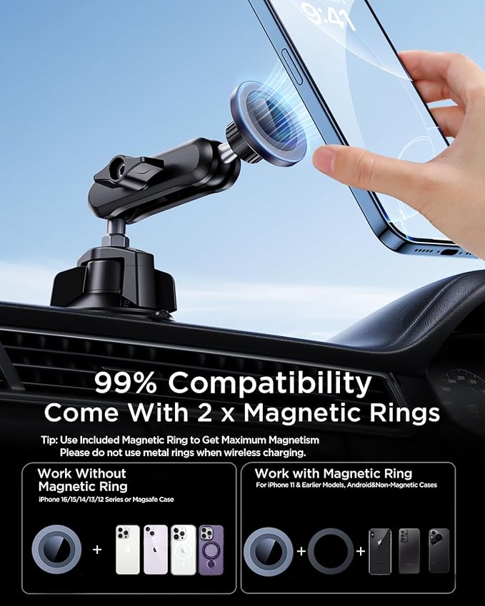 Tmengdao Magnetic Car Phone Holder [3-in-1] for Dashboard, Windshield & Vent, with Strong Suction Cup, Adjustable Metal Arm & 360° Rotation, Universal Phone Mount for All Cell Phones