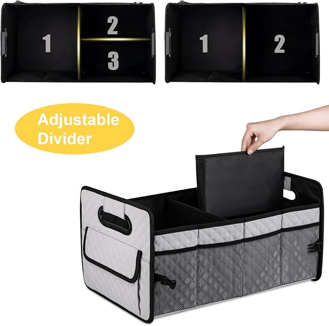 JiatuA Car Trunk Organizers and Storage for SUV, Collapsible Multi Compartment Container Box Adjustable Car Accessories for Women Men, Light Grey
