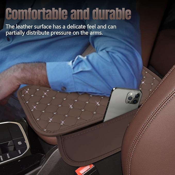 wuyaoyao Bling Car Center Console Cover, 11.81"×7.87" Leather Auto Arm Rest Cover Protector with 2 Storage Bags, Vehicle Crystal Rhinestone Armrest Cushion Pad, Interior Car Accessories (Coffee)
