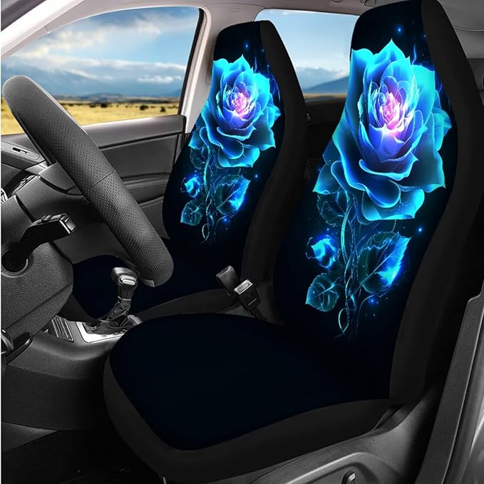 Dngkaoje 13 Pack Neon Flowers Car Seat Covers Full Set,Universal Front and Rear Split Bench Seat Covers for Cars Blue Rose Print Hanging Trash Bag,Seatbelt Shoulder Pads,Armrest Cushion Pad