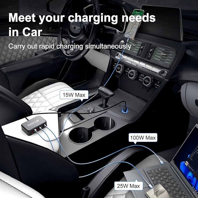 200W Car Fast Charging Station,6 Ports, Compatible with MacBook pro/Air/M5 M4 M3 M2 M1/Dell/Lenovo/HP,for iPhone 17/16/15 Series,Samsung Galaxy S26/S25 Ultra/S24 Series and More