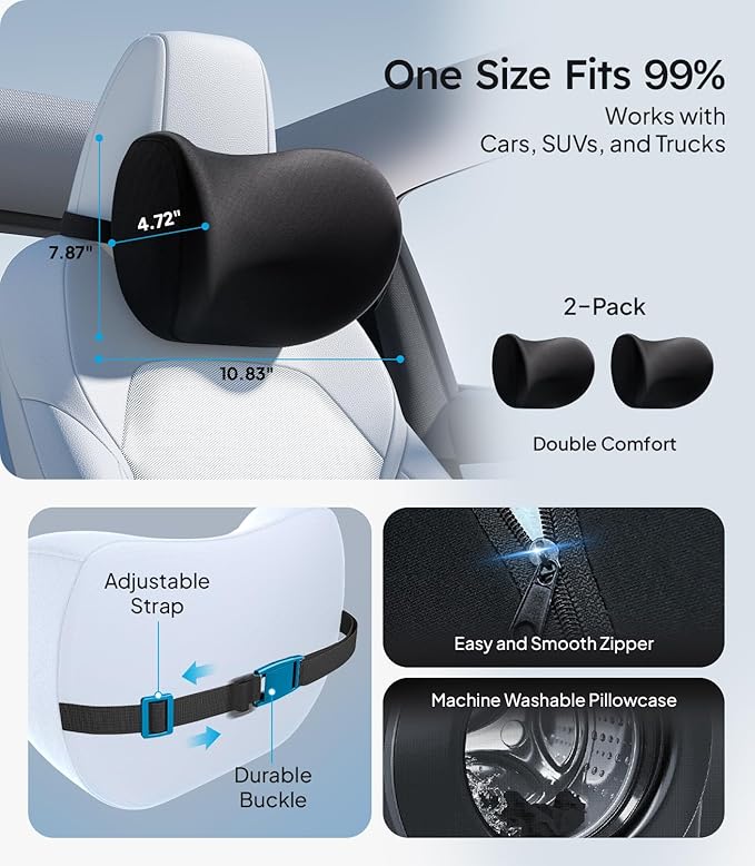 Wigoo 2026 Upgrade Car Neck Pillow [No More Pressure, Odorless] Soft Car Headrest Pillow with Adjustable Strap Removable Cover 100% Memory Foam, Fits All Vehicles (Black 2-Pack)