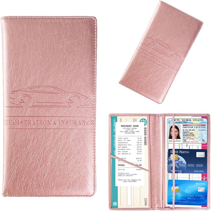 Kewucn Car Registration and Insurance Card Holder, Leather Auto License Document Glove Box Compartment Organizer, Essentials Vehicle Wallet Case for Driver License, ID Card (Rose Gold)