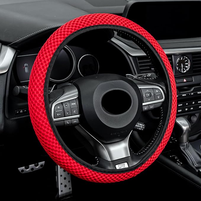 Alpmosn Elastic Stretch Steering Wheel Cover, Universal Interior Accessories Steering Wheel Cover for Women & Men, Breathable Microfiber Ice Silk, Anti-Slip, Odorless, Easy Carry(Red)