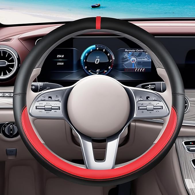 Black Red Car Steering Wheel Cover, Nappa Leather, Bottom Color Blocking, Universal 14.5-15 Inch Leather Anti-Slip Breathable Auto Steering Wheel Covers for Men Women