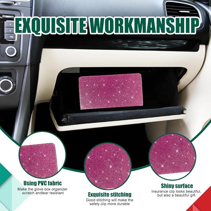 Vehicle Glove Box Car Organizer, Car Registration and Insurance Holder, Insurance Card Holder for Cars, Leather Card Holder Interior Auto Accessories for Women (Glitter-Red)