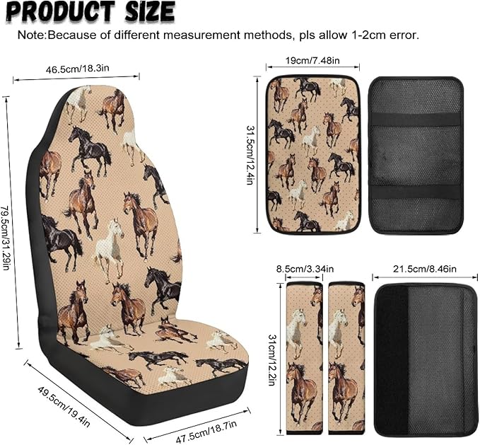 FUSURIRE Horse Pattern Car Seat Cover Set with Center Console Armrest Covers Cushion and Seat Belt Shoulder Straps Pad 5pcs PU Car Accessories for Truck Sedan SUV