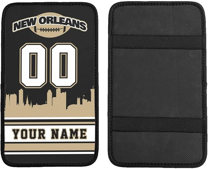 Custom New Orleans Car Armrest Covers Personalized Football Style with Name Number Customized Auto Center Console Pad Car Handrail Box Cushion for Most Vehicle Decor Accessories, Fans Gift