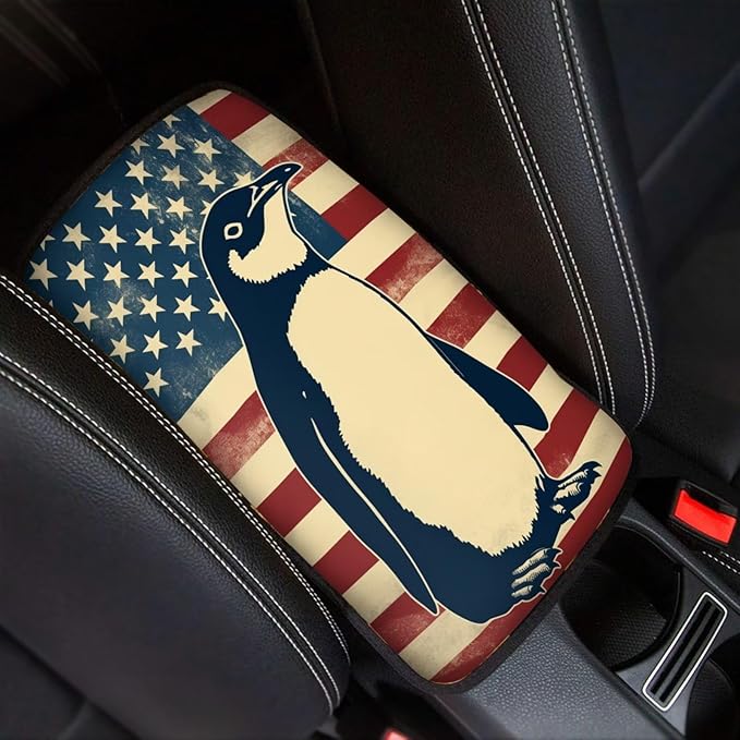 Car Center Console Pad, Universal Waterproof Car Armrest Seat Box Cover, Car Interior Accessories for Most Vehicle SUV Truck Vintage American Flag Penguin Car Armrest Pad