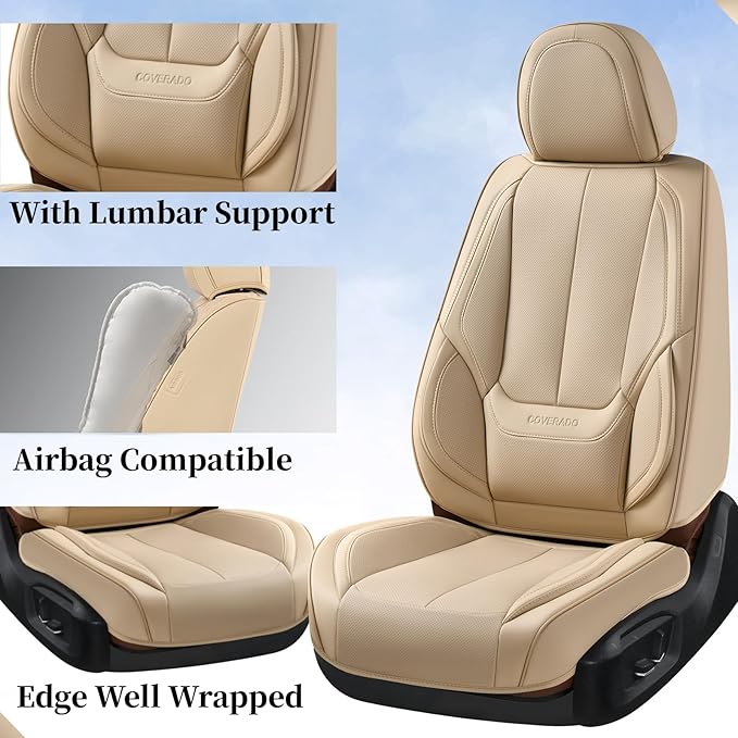 Coverado Seat Covers, Car Seat Covers Front Seats, Beige Car Seat Cover, Car Seat Protector Waterproof, Car Seat Cushion Nappa Leather, Seat Covers Carseat Cover Universal Fit for Most Cars