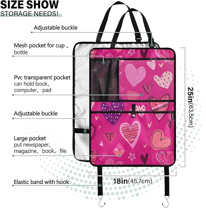 2 Pack Back Seat Car Organizer with Storage Pockets Kick Mats Back Seat Protector Hanging Car Organizer Automotive Seat Back Cover Organizers Hot Pink Doodle Hearts Stars