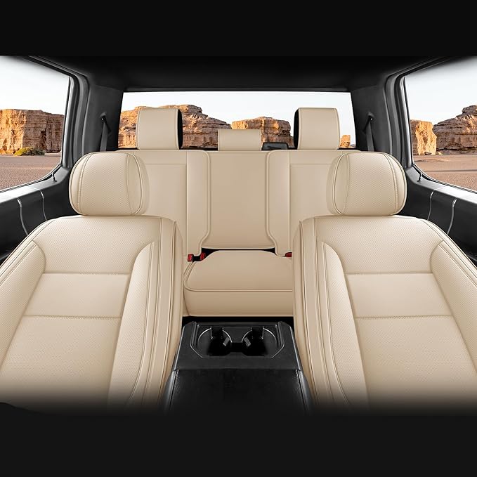 EQUIDEVDY Seat Covers for Chevy Silverado GMC Sierra,2007-2025 1500/2500/3500HD Crew,Double,Extended Cab Truck Breathable & Waterproof Faux Leather Seat Covers(Beige Full Set)