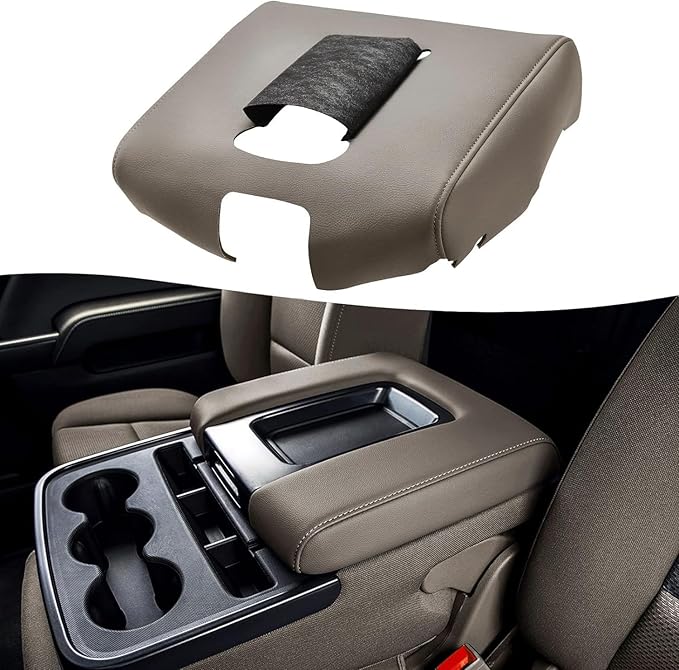 KBH Center Console Armrest Cover Replacement for Chevy Silverado & GMC Sierra 1500 2500 3500 2014-2018, Vinyl Leather Upholstery, Split Bench Jump Seat (Cocoa Dune Brown)