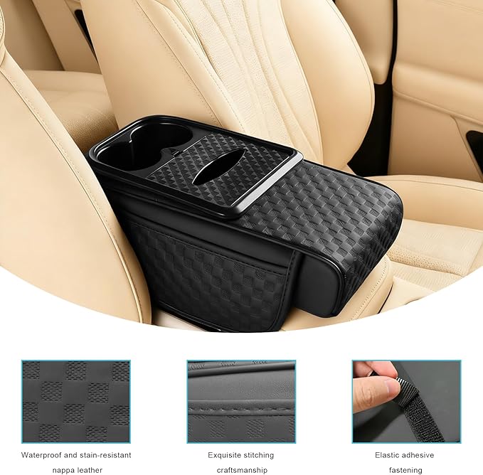 Car Center Console Cover, Ergonomic Leather Armrest Box Cushion with 3.1 Inch Height Boost, Soft Middle Console Pad with Cup Holder & 2 Storage Pockets for Sedan SUV Truck
