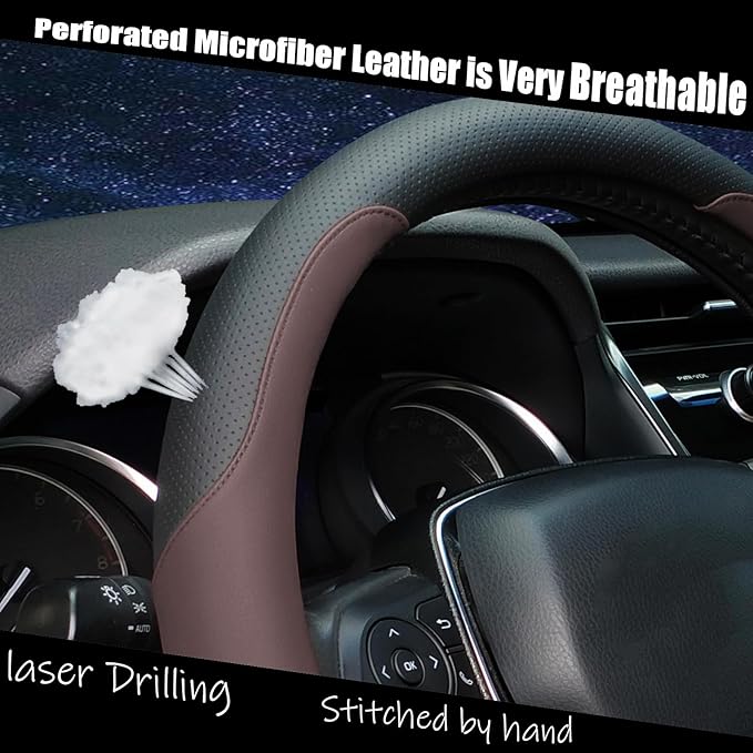 Mihecor Steering Wheel Cover Standard Size Medium 14.5-15 inch, Breathable Microfiber Leather, Anti-Slip, Soft Grip, Universal Fit for Cars SUVs Trucks, Black and Chocolate Brown