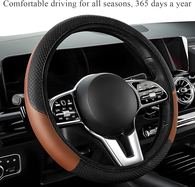 Elastic Steering Wheel Cover - Carbon Fiber Microfiber Leather Vehicle Steering Wheel Protector with Anti-Slip Lining - Black + Coffee, AD