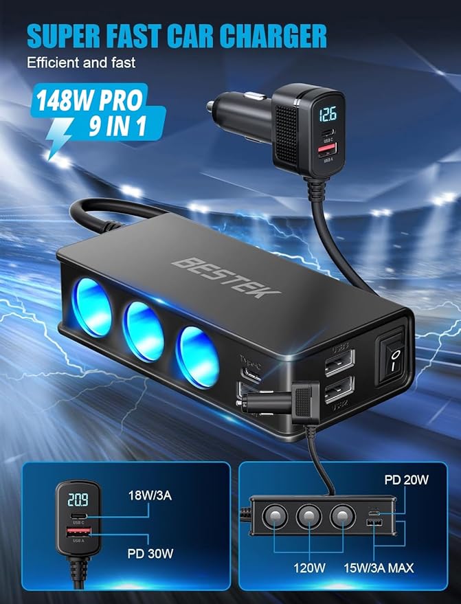 BESTEK 9 in 1 Cigarette Lighter Splitter,148W 3-Socket Multi Port Outlet Car Charger PD30W and 4 USB-A QC3.0 18W with LED Display 12V/24V Vehicle Super Fast Adapter for GPS, Dash Cam, iPhone, Car