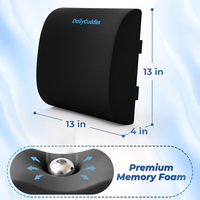 DailyCuddles Lumbar Support Pillow for Office Chair Back Support - Memory Foam Lumbar Pillow for Car or Gaming Chair, Ergonomic Back Cushion with Adjustable Strap for Long-Hour Sitting (Black)