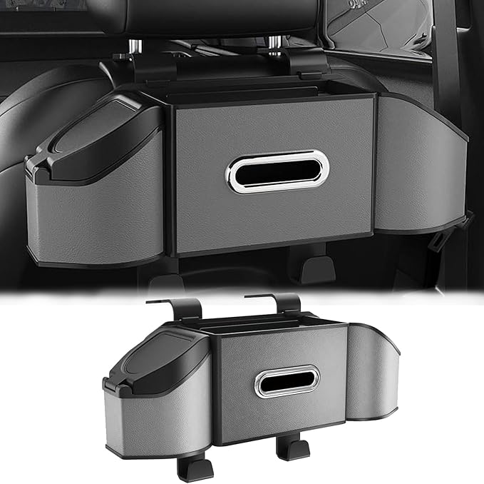 Car Organizer Back Seat, 4-In-1 Car Back Seat Organizer with Drink Cup Holder Tissue Box Trash Can Phone Holder, Adjustable Headrest Storage Organizers with Hooks Automotive Seat Storage Box