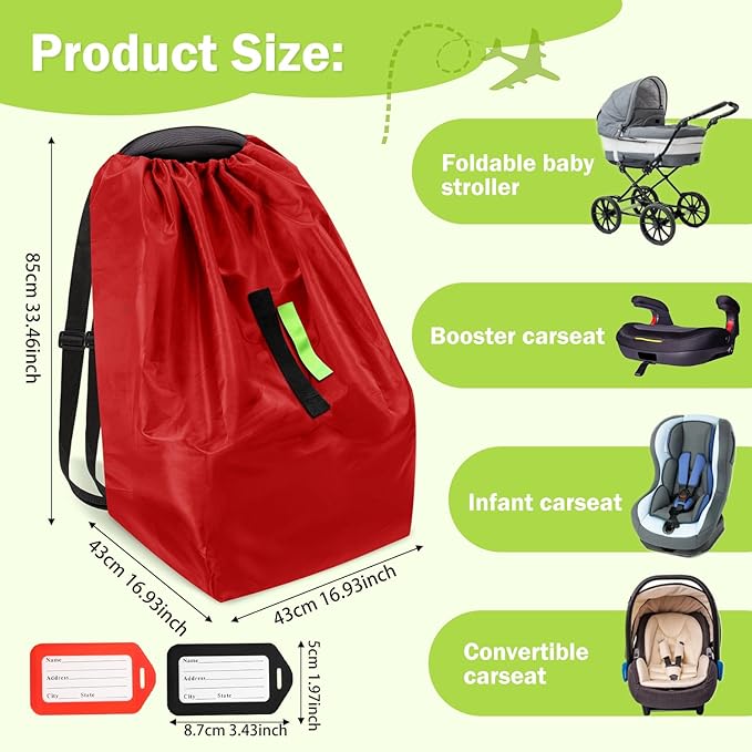 Sublaga Car Seat Bags For Airplane Travel, Durable Carseat Cover For Air Travel Car Seat Travel Bag with Shoulder Straps and 2pcs Luggage Tags For Airplane, Red