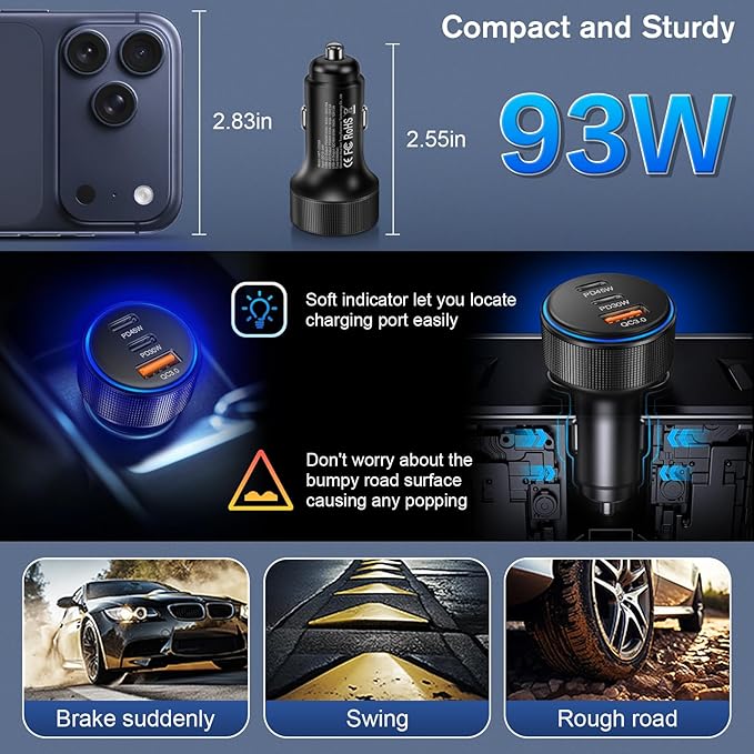 USB C Car Charger 5-Pack,93W 3-Port Dual USB-C & USB-A Fast Charge Cigarette Lighter USB Charger with PD+QC 3.0, Car Phone Adapter Accessories for iPhone 17/16/15 Pro Max,Samsung Galaxy S25/S24,iPad