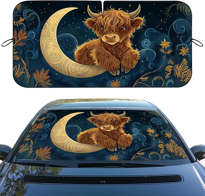 Cute Highland Cow Car Window Sun Shield Moon Flowers Night Sky Animals Front Window Sun Shade Blocks UV Rays Sun Visor Protector for Car Sedan Truck SUV Accessories 59" L x 31.5" W