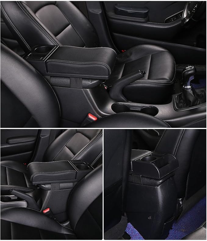 Center Console Armrest Box Cover Adjustable Length with USB Charging Port Cup Holder Universal for Most Vehicles (White Line)
