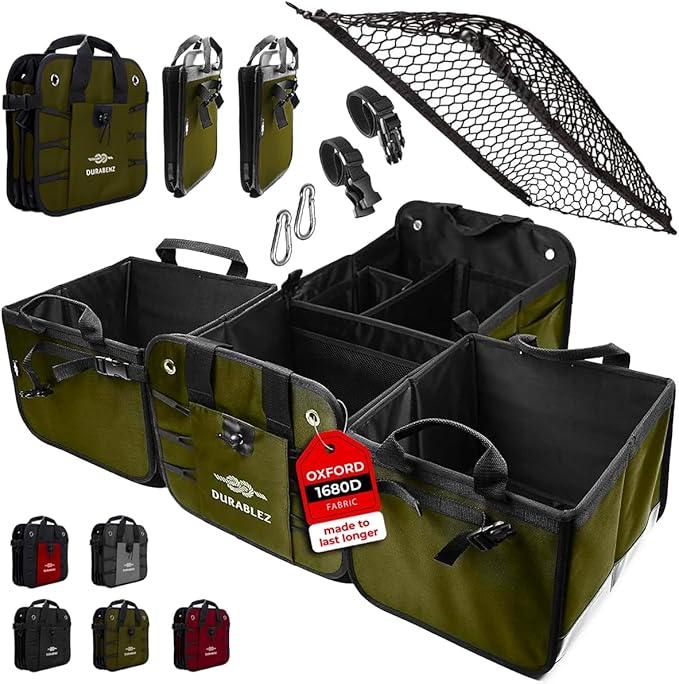 DURABLEZ 4-Section Extra Large Trunk Organizer – Heavy Duty 1680D, Collapsible & Foldable Cargo Organizer, Modular Multi-Shape Storage System for SUVs, Trucks, Vans – Green