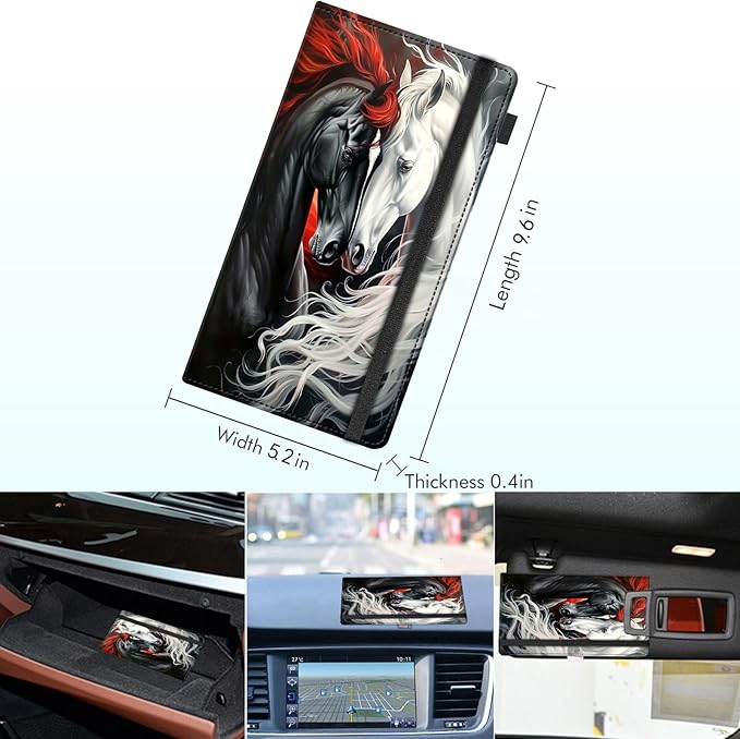 RAUEDWDJS Car Registration and Insurance Holder,Leather Vehicle Glove Box Organizer Wallet Case for Driver's License,ID Key Information Cards-Black White Horse