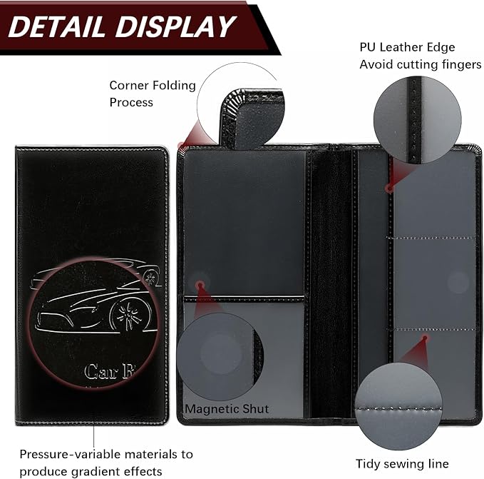 Peisicne Car Registration and Insurance Card Holder for Women Men, Black Glove Box Paperwork Organizer with Magnetic Buckle for Easy Access and Protect Documents and Various Cards in Vehicle