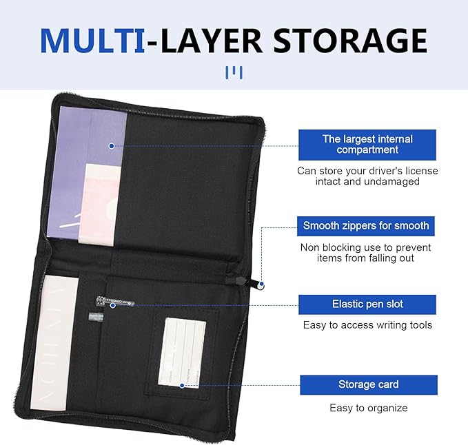 Glove Box Compartment Organizer, Car Registration and Insurance Holder, Oxford Cloth Multi-Pocket Portable Document Case with Smooth Zipper for Auto License Card (Black)