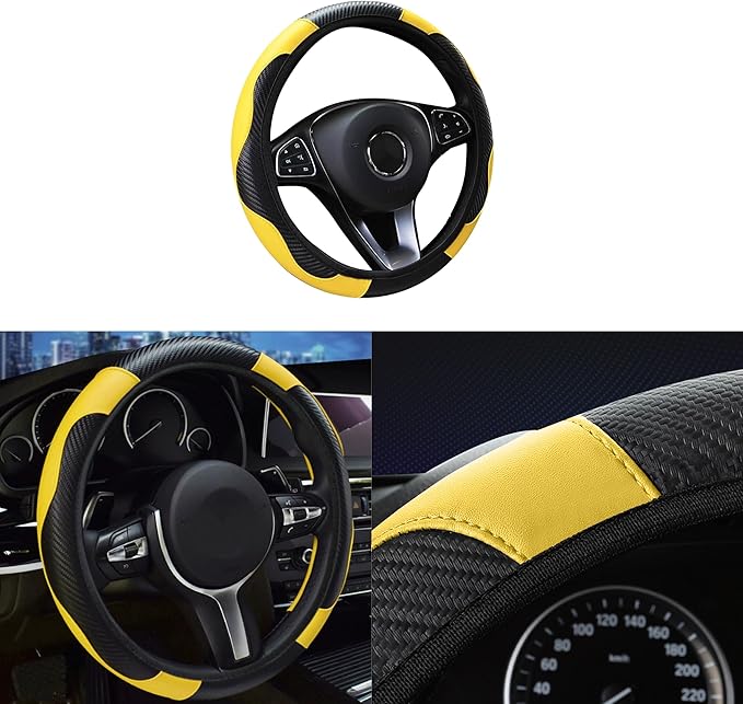 Car Steering Wheel Cover, 15 inch Carbon Fiber Microfiber PU Leather Elastic Steering Wheel Protector for Men Women, Universal Durable Car Decorative Fit for Most Cars, Trucks, SVU (Yellow)