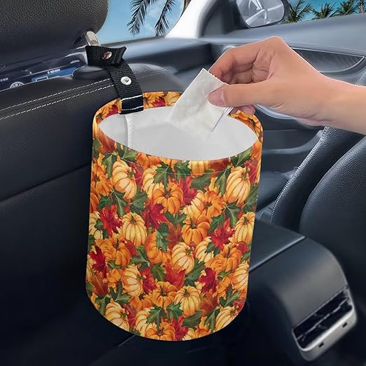 Maple Leaves Pumpkins Trash Can for Car Auto Garbage Can for Back Seat Leak Proof with Adjustable Buttons Car Accessories for Women Interior
