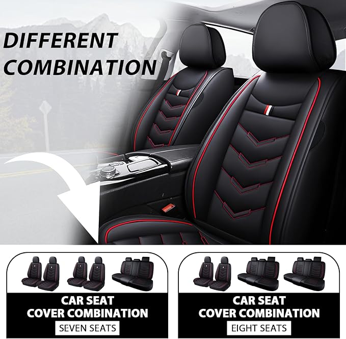MVRVMV 3 Row 7 Seater Seat Covers for Toyota Highlander 2013-2026, Airbag Compatible Front and Rear Split Bench Leather Auto Seat Protectors (7 Seat Standard, Black-Red